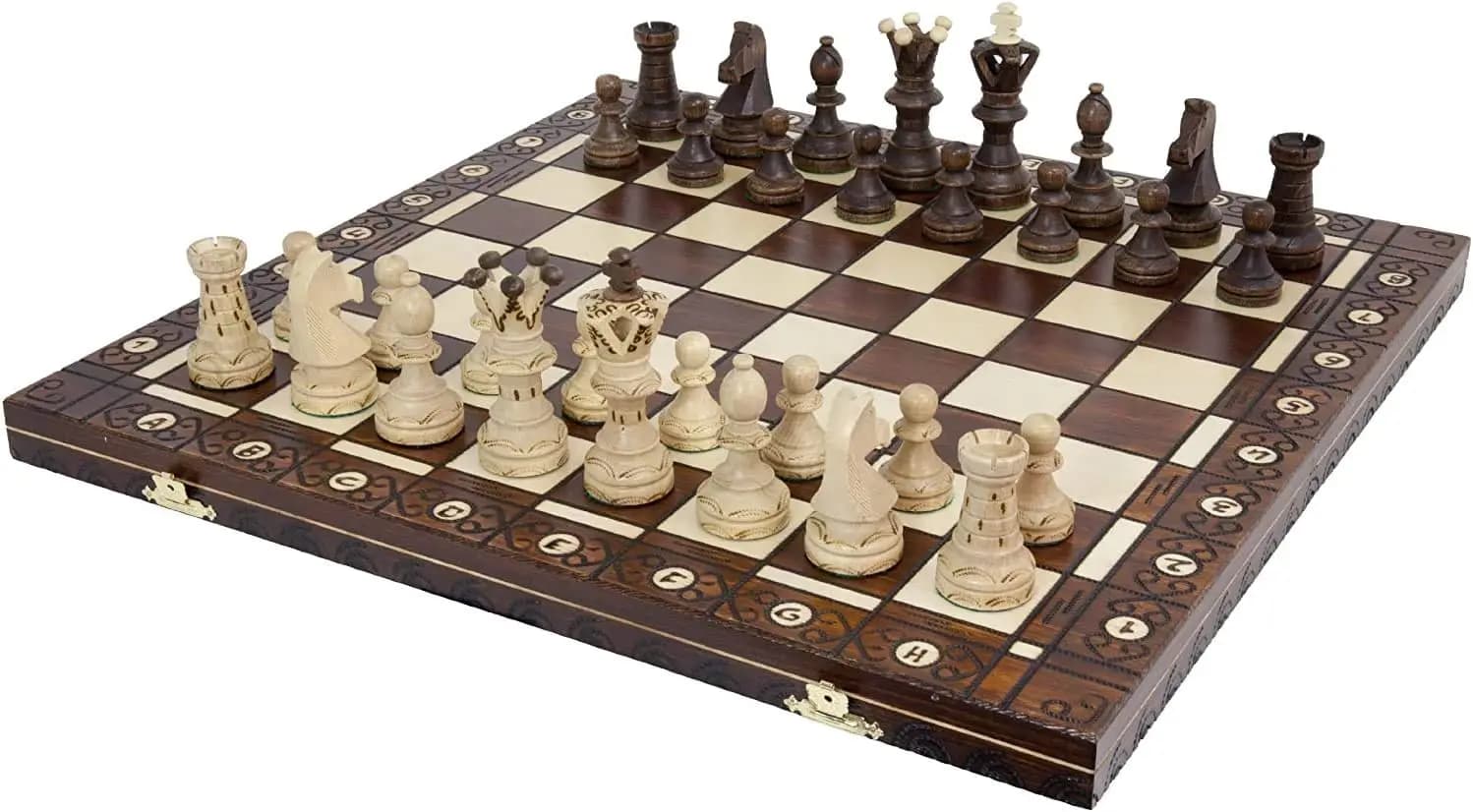 Set di Scacchi in Legno Artigianale con Scacchiera da 21 Pollici e Pezzi Intagliati