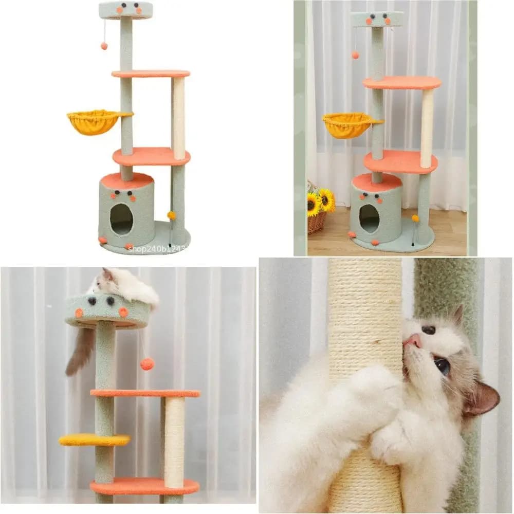 Large climbing tower for cats with integrated frame, hemp rope and multiple jumping platforms