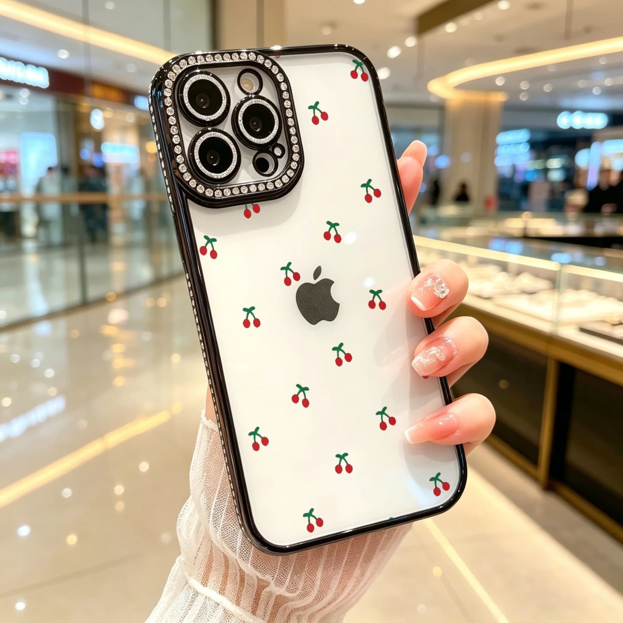 Diamond Electroplated TPU Phone Case for iPhone, Cute Cherry Pattern, Rhinestone Camera Frame Phone Case , Luxury Glitter Rhinestone Frame, Built-in Lens Protector, Anti-Slip Shockproof Clear Cover