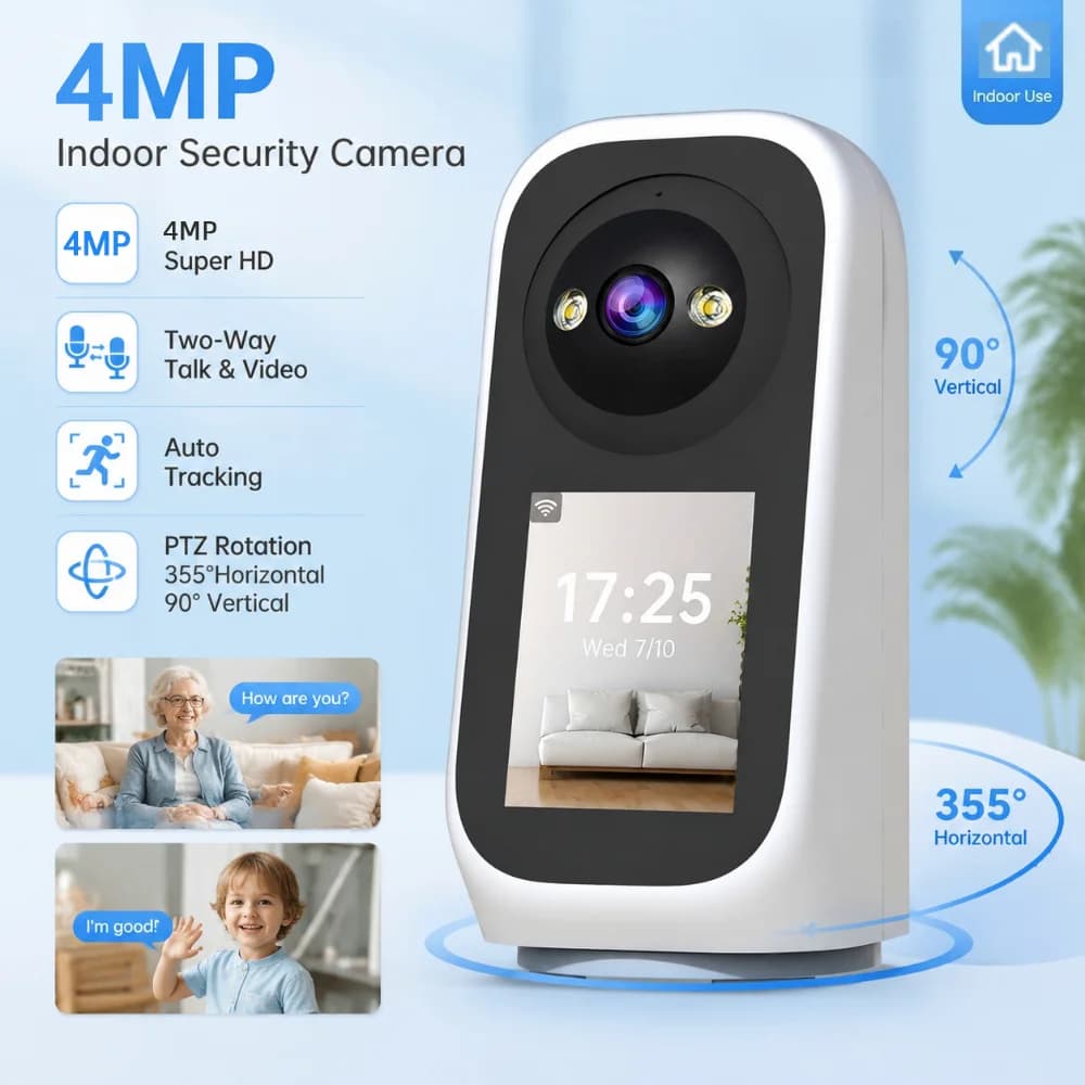 Telecamera IP PTZ Jooan 4MP con videochiamata, schermo LED da 2,8 pollici, rilevamento del pianto del bambino, telecamera di sicurezza con tracciamento AI, monitor per bambini domestico