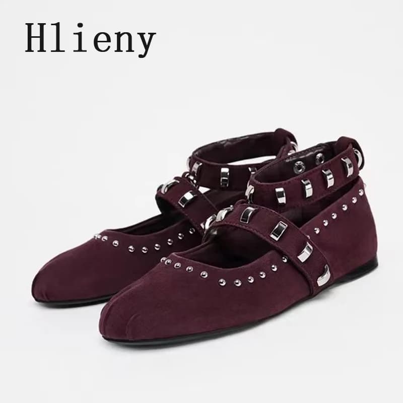 Hlieny Fashion Design Rivetto in metallo Cinturino alla caviglia Donna Appartamenti Morbido e accogliente Pieghettato Rotondo Tor Mocassini Donna Mary Jane Scarpe Ciabatte Sandalo