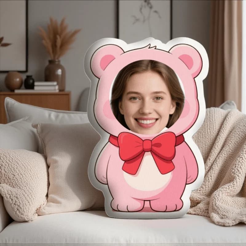 Cuscino in Peluche a Forma di Orso Rosa Personalizzabile con Foto, Regalo Divertente e Giocoso, Idea Regalo per Halloween