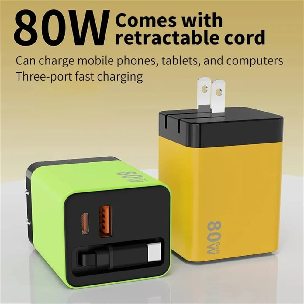 Caricabatterie rapido USB GaN PD da 80 W con cavo retrattile Adattatore per caricabatterie super veloce USB C per iPhone 17 Xiaomi Huawei Samsung EU/US/UK