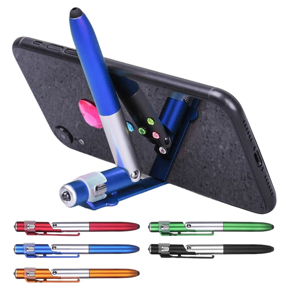 4 in 1 multifunction ballpoint pen with LED light, folding support for phone, multifunction touch pen, black ink pen for office employees