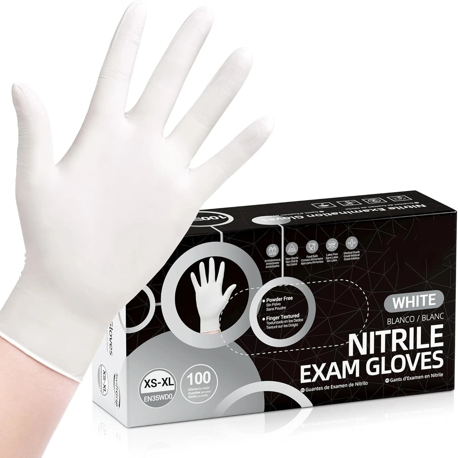 100 Pieces of Disposable Gloves in Nitrile, Whites Without Latex and Without Powder for Medical Use, Cleaning, Kitchen, Aesthetic and Food Safety