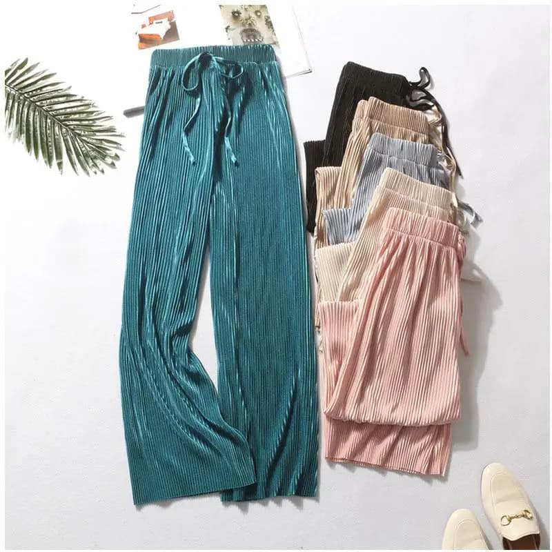 Pantaloni estivi da donna a gamba larga Pantaloni pieghettati in seta di ghiaccio Pantaloni casual larghi in vita elastica