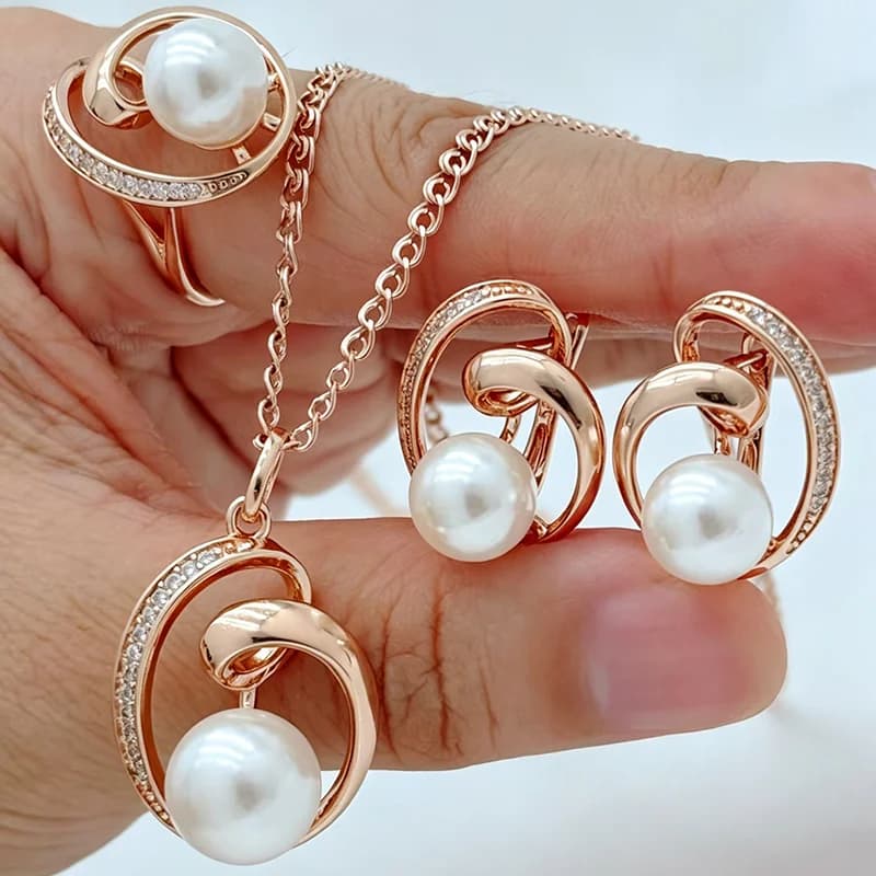 Kinel Hot 585 Rose Gold Color Bridal Wedding Jewelry Sets Geometry Pearl Ring Earrings Necklace for Women Fine Vintage Jewelry