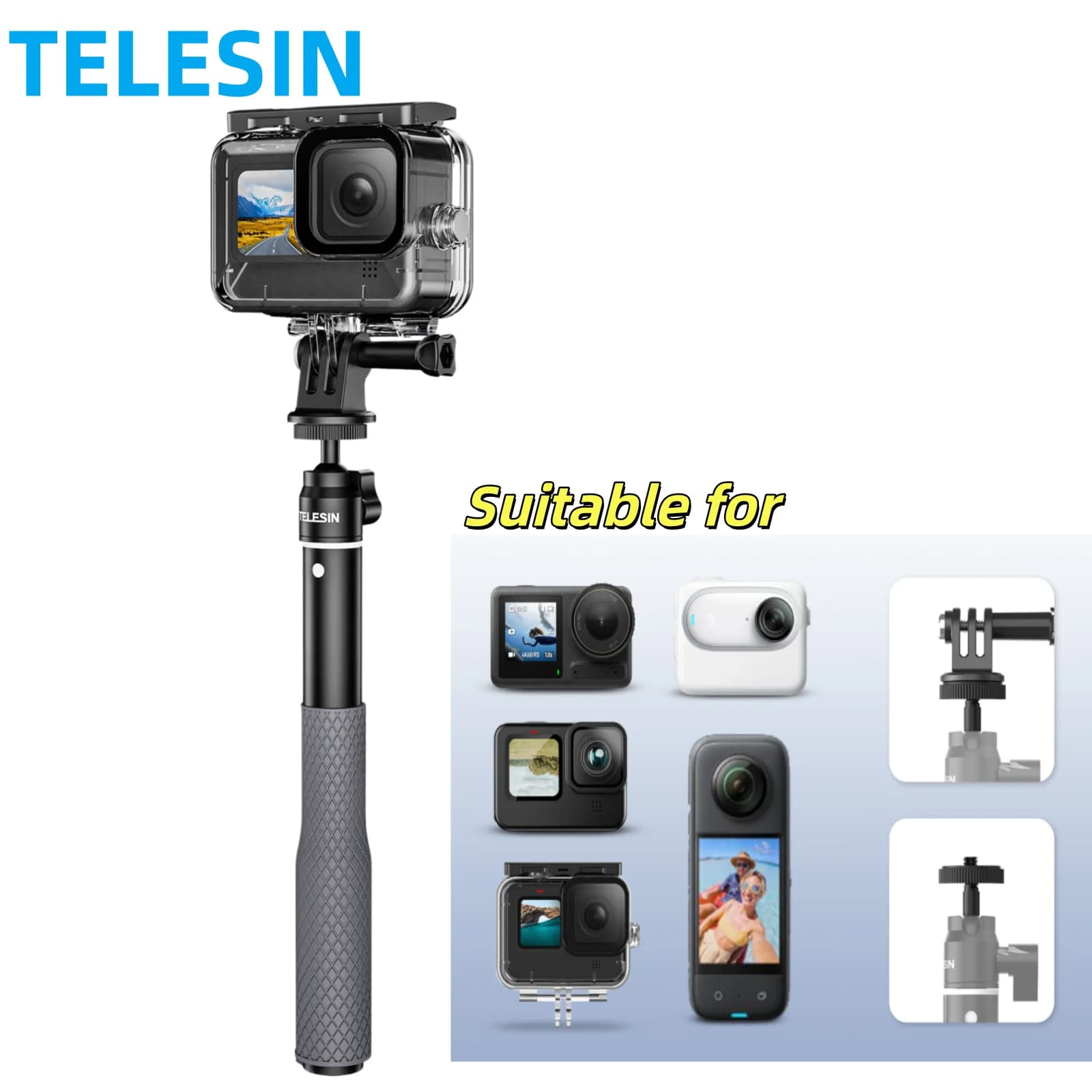 TELESIN 232-654MM Asta Selfie Impermeabile Galleggiante per Immersioni Monopod 360 ° Asta Selfie con Testa Girevole per GoPro DJI Osmo Action