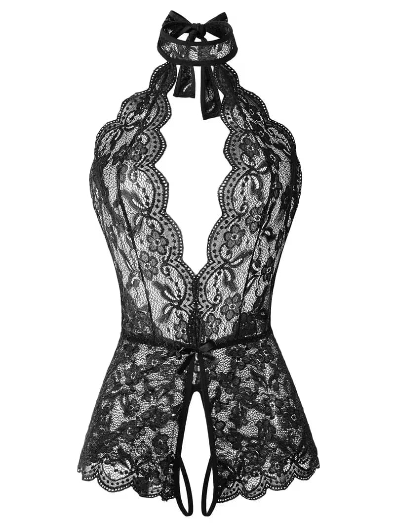 Lingerie Esotica Sexy in Pizzo Floreale, Intimo Erotico Aperto con Apertura all'Inguine, Babydoll Plus Size, Costume Porno da Donna, Pigiama con Fiocco