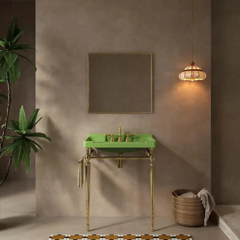 Lavandino per console da bagno in ceramica verde da parete da 28", gambe di supporto autoportanti in acciaio inossidabile con portasciugamani, 3 preforate