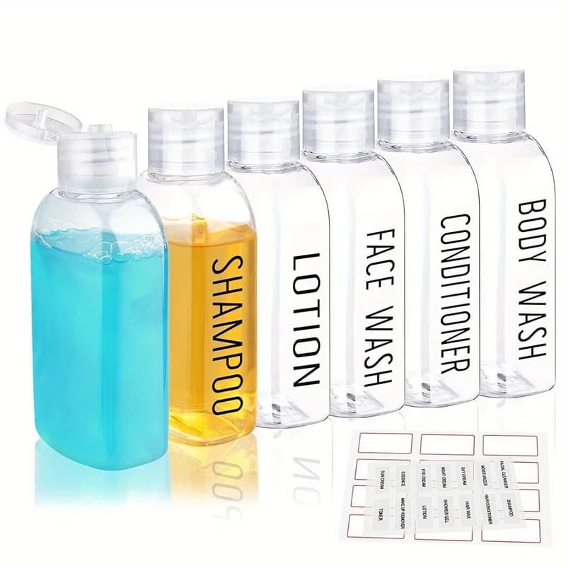 4 flaconi da viaggio trasparenti da 100 ml con etichette e borsa, dispenser portatile vuoto per shampoo, contenitori multiuso comprimibili