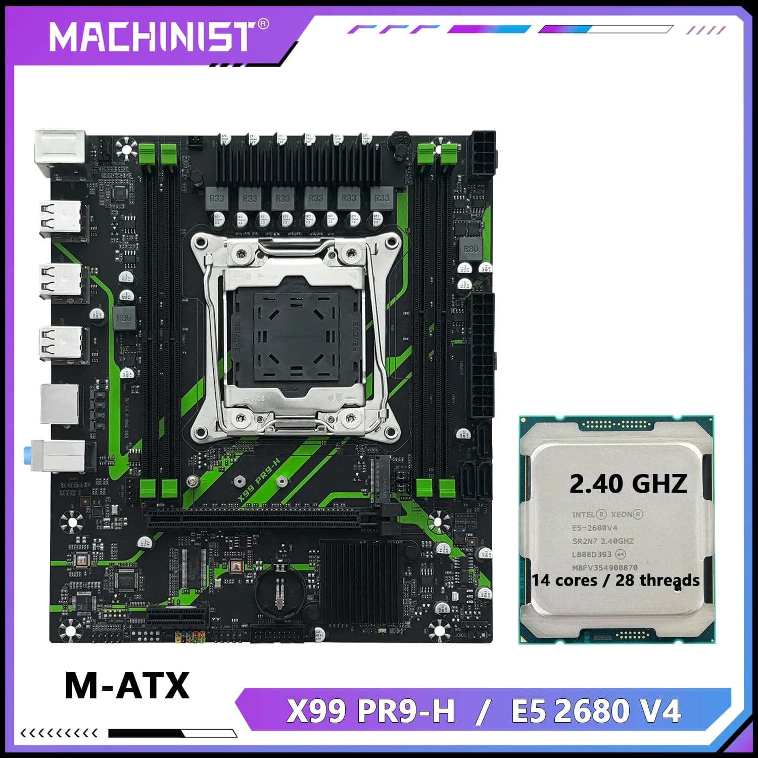 Kit Scheda Madre MAXHINIST X99 LGA 2011-3 con Processore Xeon E5 2680 V4 / 2650 V4 / 2630 V4 e Memoria RAM DDR4 M.2 PR9-H