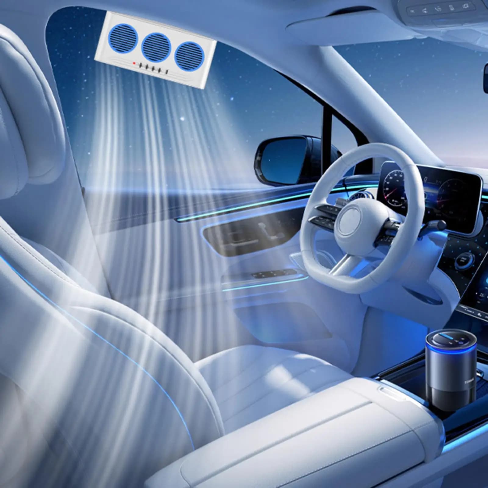 Ventilatore Solare per Auto con Tre Uscite, Purificatore d'Aria e Luce, Ventilatore da Finestrino per Van, Camion, Veicoli Stradali, Camper, SUV, per la Guida Quotidiana