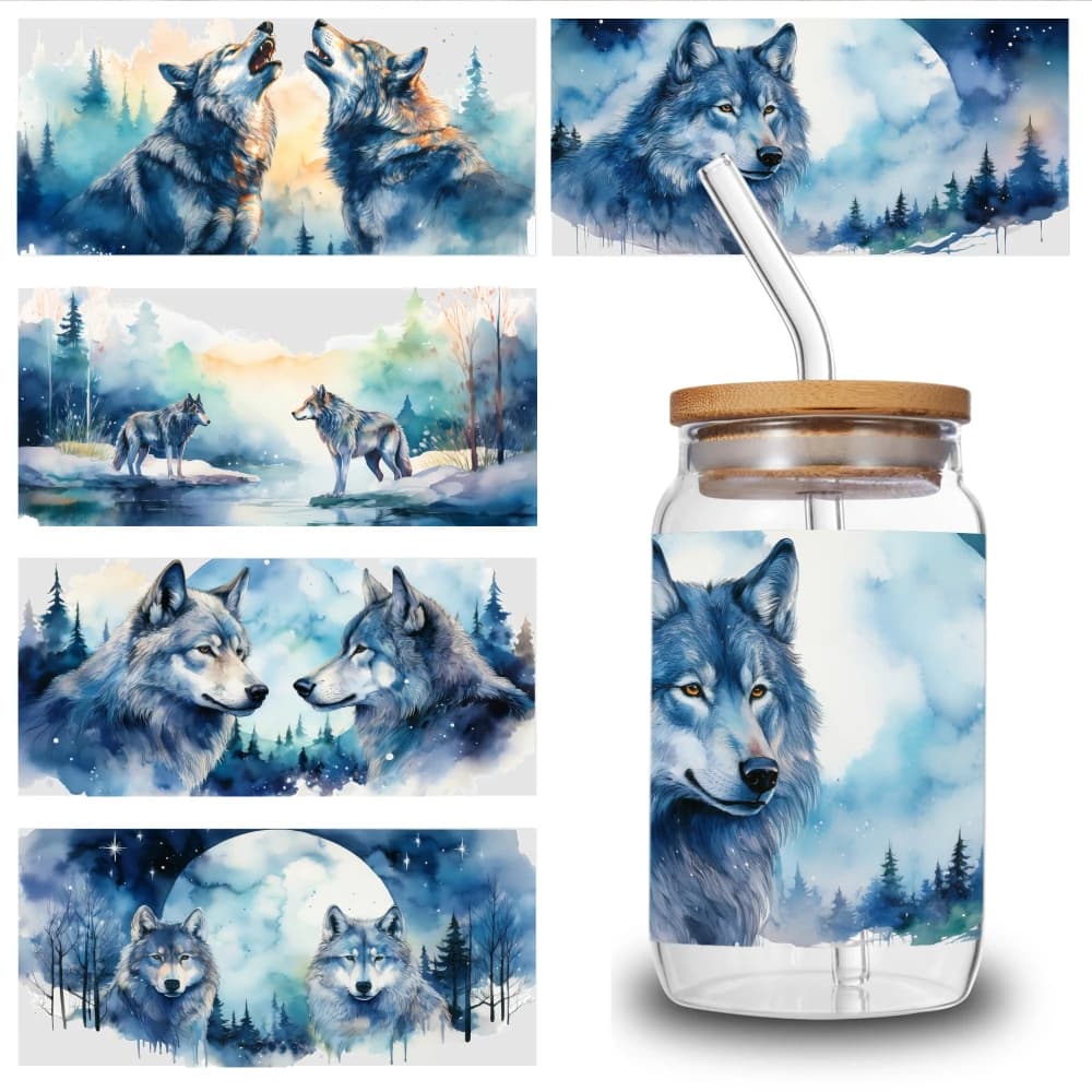 5 Sheets Wolf Moon Forest Night Sky Trees UV DTF Stickers DIY Water Bottle Glass Transfer Sticker Decal Waterproof Rub on