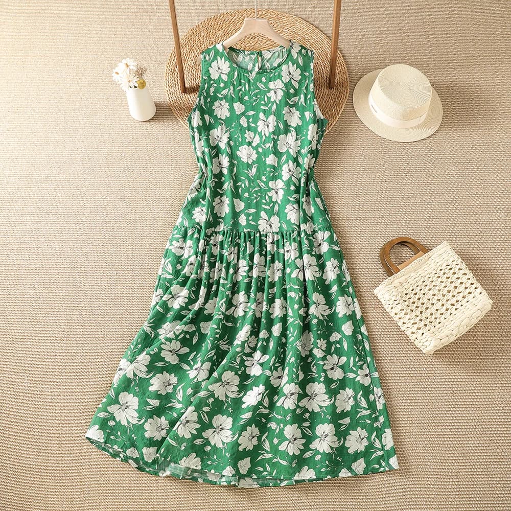 Summer Floral Print Maxi Dress High Waist Sleeveless Oversized Knee-Length A-Line Gown Thin Cotton Polyester Blend Casual Wear