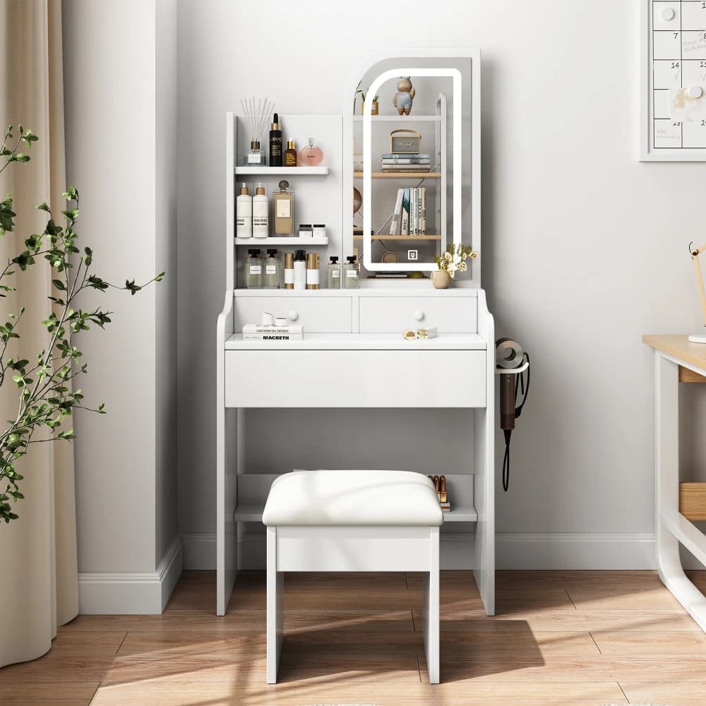Toeletta da Trucco alla Moda con Specchio e Luci, Porta Asciugacapelli e Sedia, Set Completo con Specchio Illuminato e Tavolo
