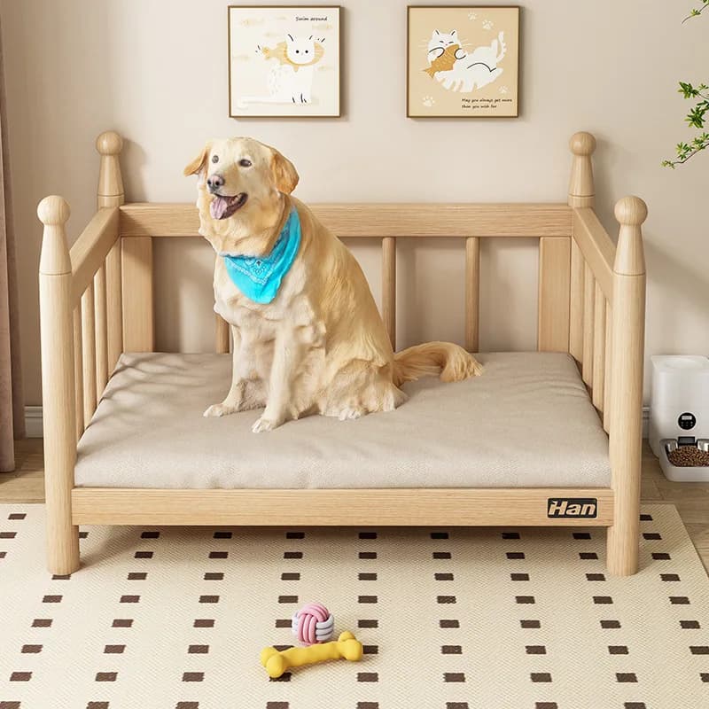 Rubberwood Pet Bed for Small Medium Dogs Cats Orthopedic Wooden Crate Bed with Removable Washable