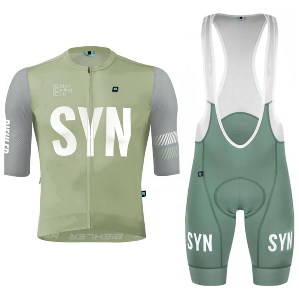 Light Green Men's Team Cycling Road Kit Short Sleeve Cycling Top and Gel Pad Bib Shorts New SYN Cycling Jersey Set