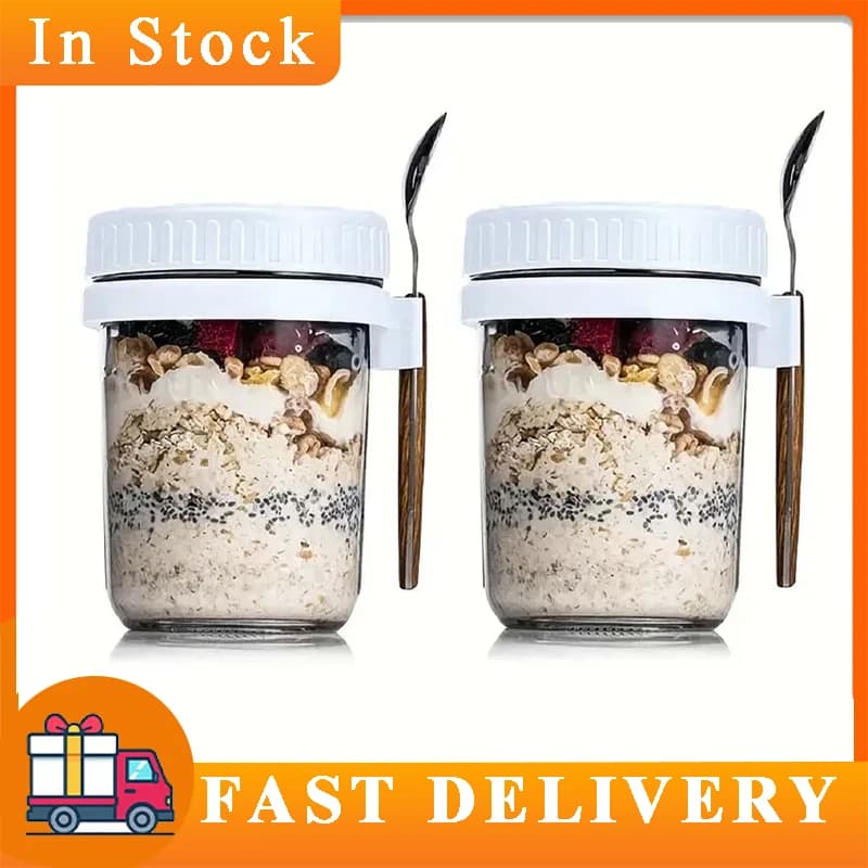 Contenitore per Overnight Oats con Coperchio e Cucchiaio, Tazza Portatile per Colazione, Cereali, Yogurt, Frutta Secca, 300ML, Scatola per Conservazione Alimenti