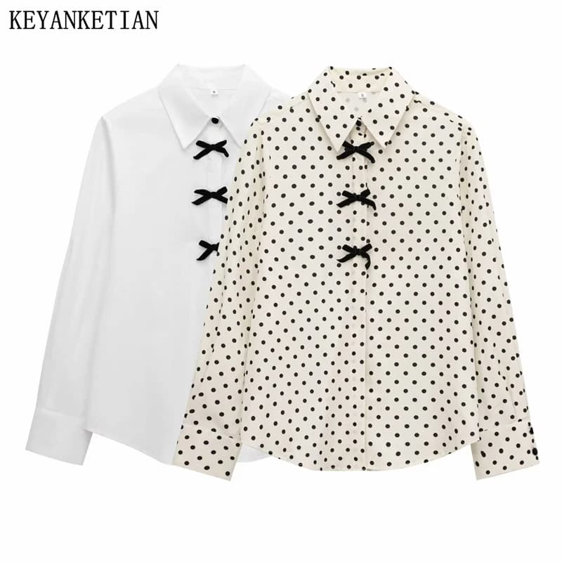 KEYANKETIAN 2025 Primavera Nuove Donne Decorazione Dell'arco Polka Dots Stampa Camicia a maniche lunghe Stile Preppy Camicetta monopetto Top