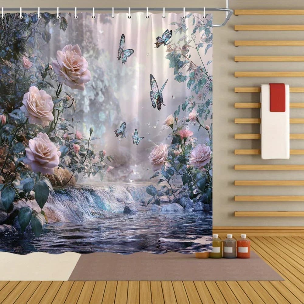 ~O~1pc Tenda da doccia da giardino incantata - Rose e farfalle rosa, poliestere resistente, lavabile in lavatrice, 70x70", 12 ganci