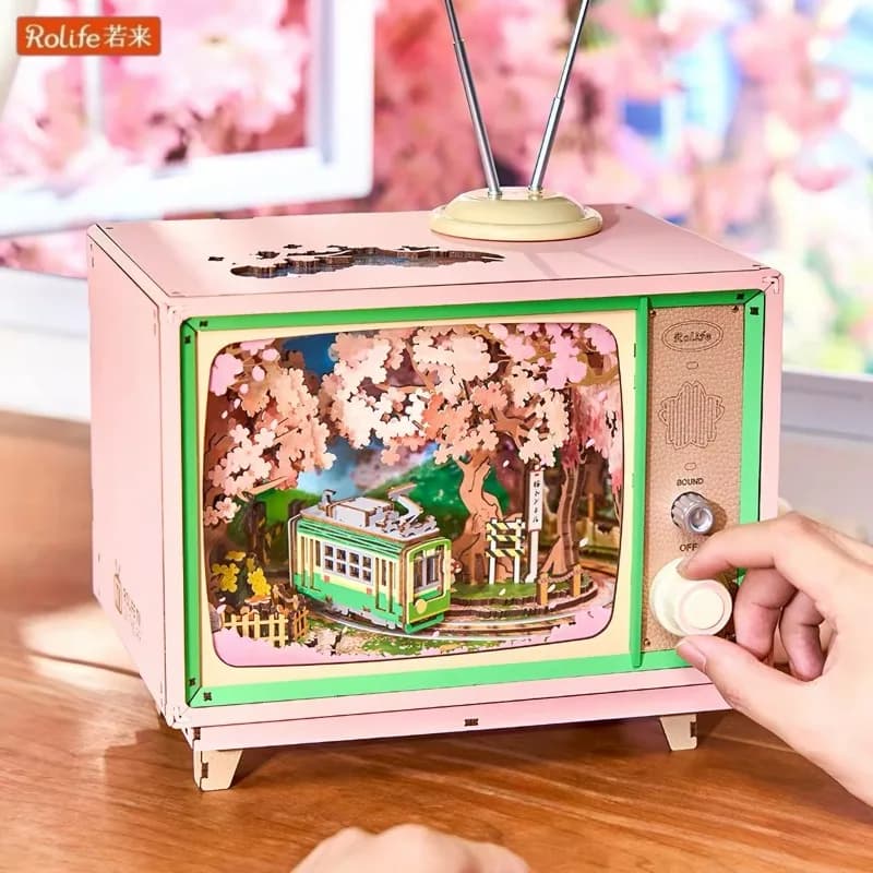 Rolife Sakura Dreamy Tour Music Box Wooden Building Block 3D DIY Puzzle Model Educational Toy Desktop Ornament Birthday Gift