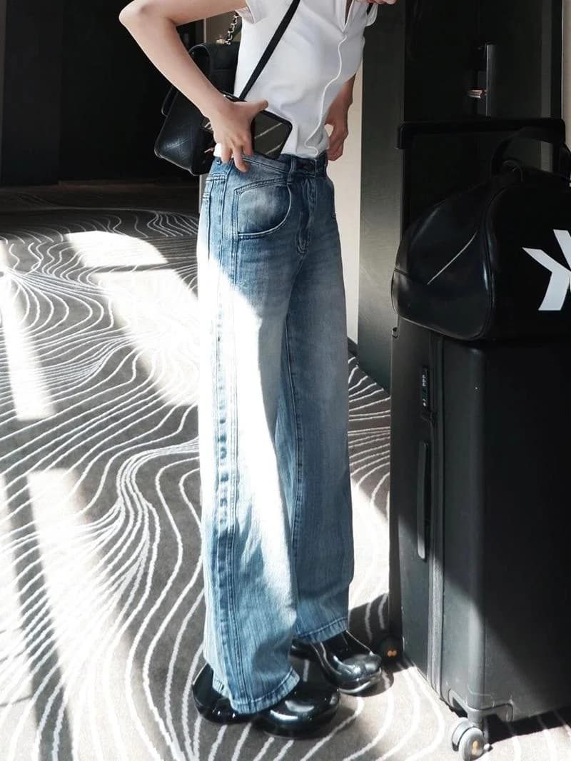 Retro American Washed Straight Leg Jeans Women Loose Lazy Sensation Floor-Length Pants High Waist Pure Color All Seasons
