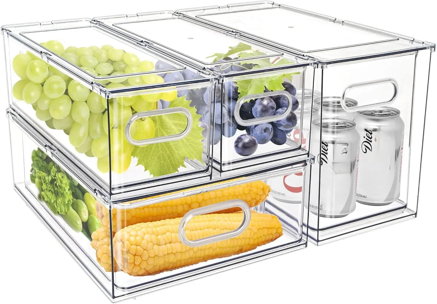 Cassetto per frigorifero Contenitori impilabili estraibili con maniglia Cassetti per frigorifero trasparenti Organizzatore Contenitore per alimenti con divisori