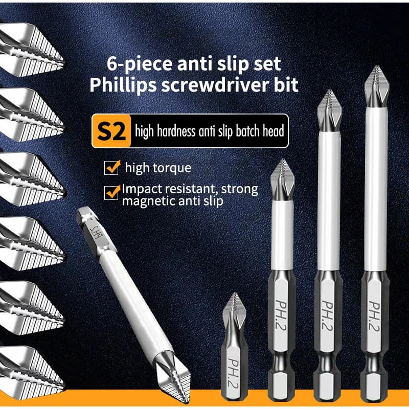 Set di punte per cacciavite Phillips ad alta durezza S2, 6 pezzi, punte magnetiche resistenti agli urti con codolo esagonale per cacciavite elettrico