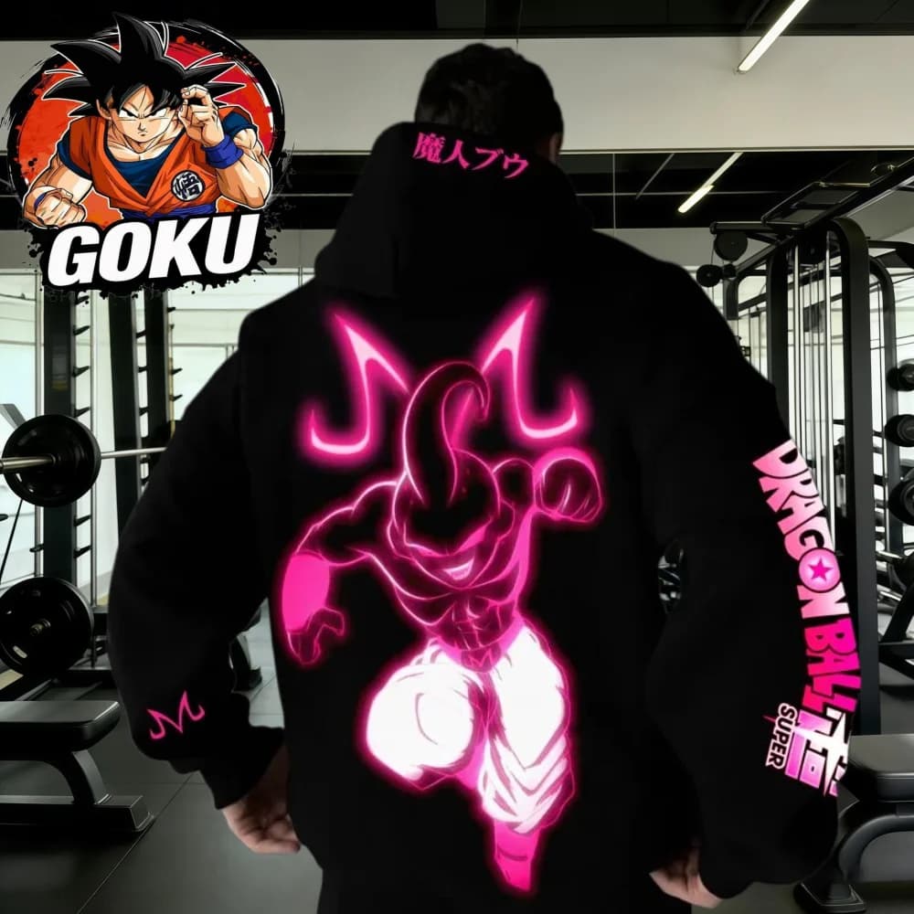 Felpa con Cappuccio Retro Dragon Ball Autunno Inverno 2026, 100% Cotone, Stampa Neon Rosa Majin Buu, Oversize, Abbigliamento Fitness e Streetwear per Uomo e Donna