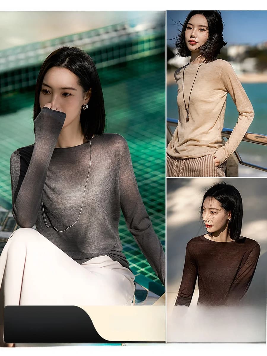 Top Leggero in Seta Xiao Han, Maglia Morbida a Doppio Filo 120*18, Senza Cuciture, Modellante, Nuova Collezione Donna