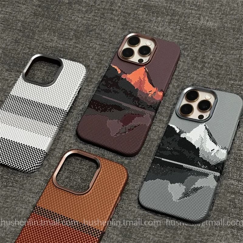 2026 New Mountain Relief Carbon Case for iPhone 16 15 17 Pro Max Magnetic Back Cover Hard PC Button Frame Protective Phone Shell