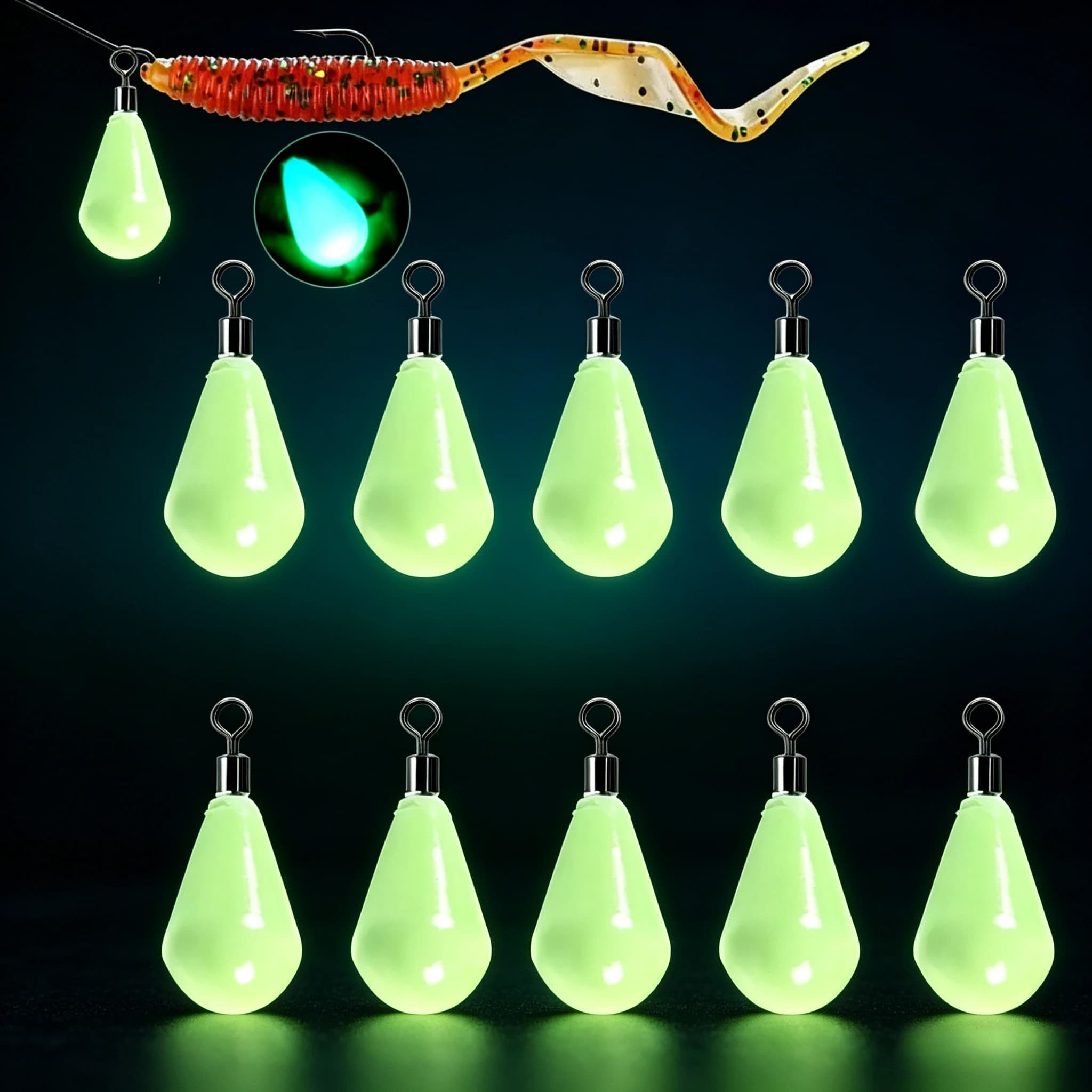 5pcs 12g-30g Glow in Dark Teardrop Lead Sinker Fishing Weight Swivel Loop Drop Shot Weights for Night Fresh Salt Water Fishing