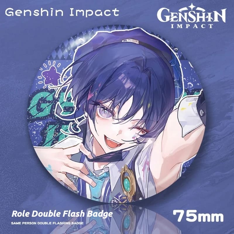 Genshin Impact Wanderer 75MM Double Flash PET Badge Button Portachiavi Anime Game Merchandise Ciondolo per Zaino Regalo per i Fan