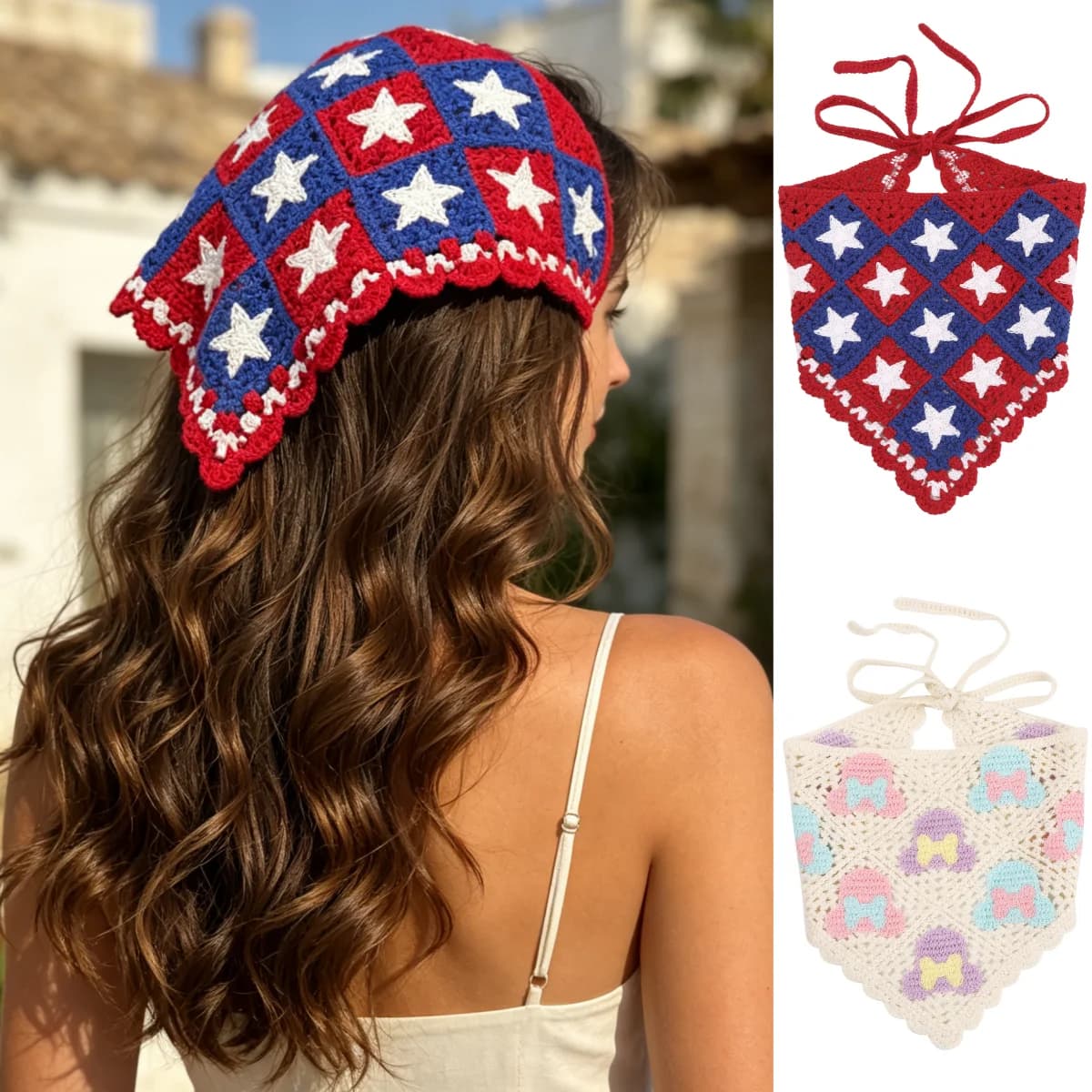 1 Pezzo Fascia per Capelli Triangolare Lavorata a Maglia Primavera Estate per Donne e Ragazze, Stile Pastorale Dolce, Fatta a Mano all'Uncinetto, Sciarpa per Capelli Traforata per Viaggi e Foto