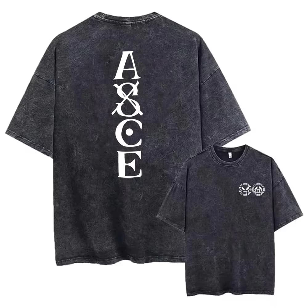 Black T-shirt Oversize One Piece Portgas D. Ace A&SCE Legacy Minimal White Acid Wash 2026 Summer Streetwear with Graphic Anime