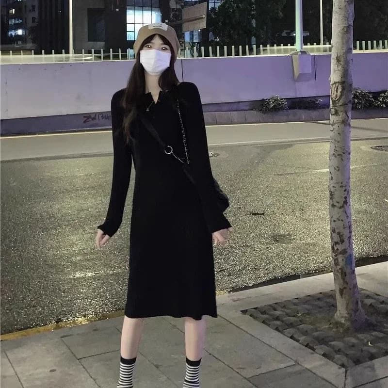 Pit Knitted Dress for Women in Autumn and Winter Mid-length Over-knee Sweater Dress for Inner Base Skirt