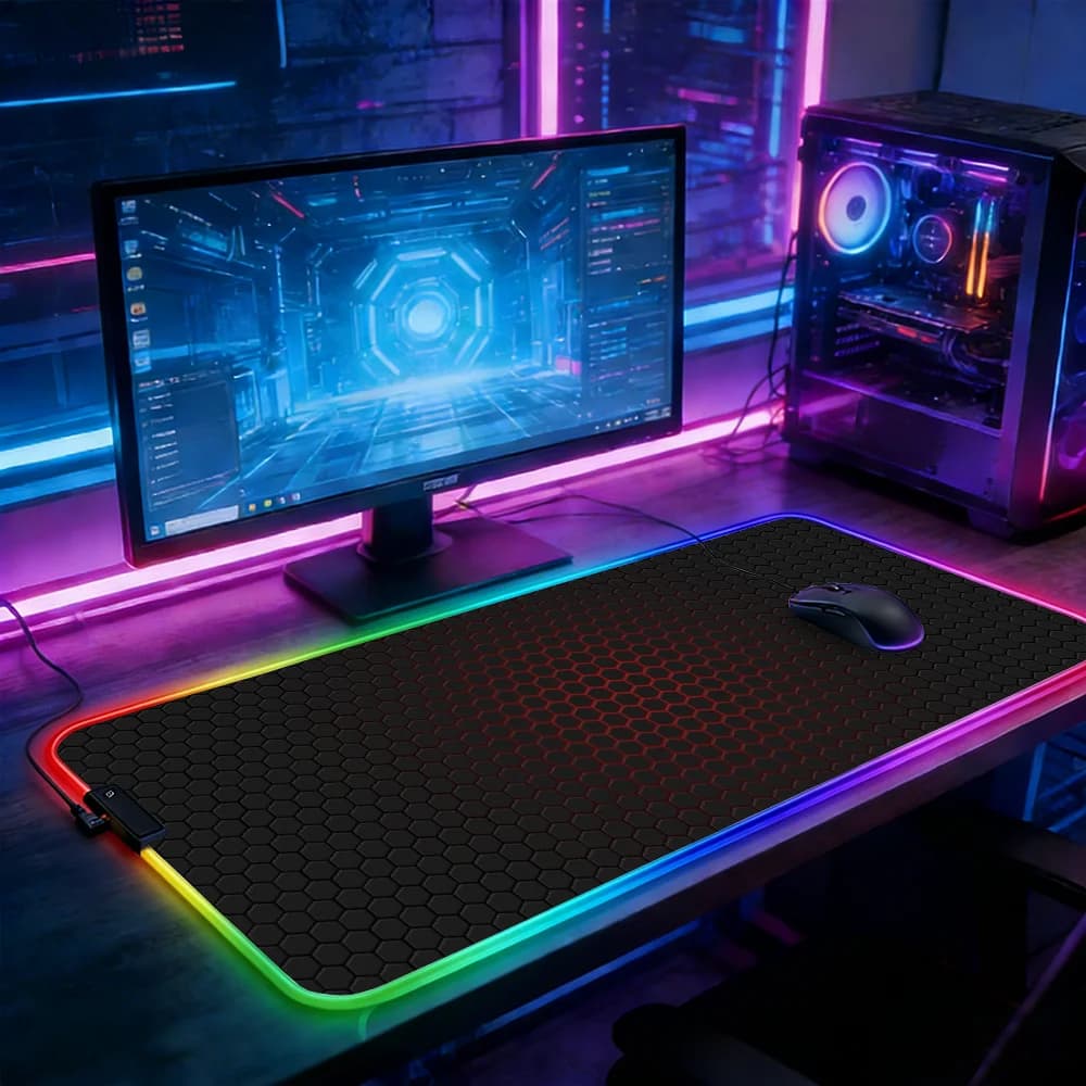 RGB LED Mouse Carpet for E-sports, Game Keyboard Mat, Hexagonal Geometric Mousepad, Gamer Desk Mat, Laptop Accessories, PC Carpet