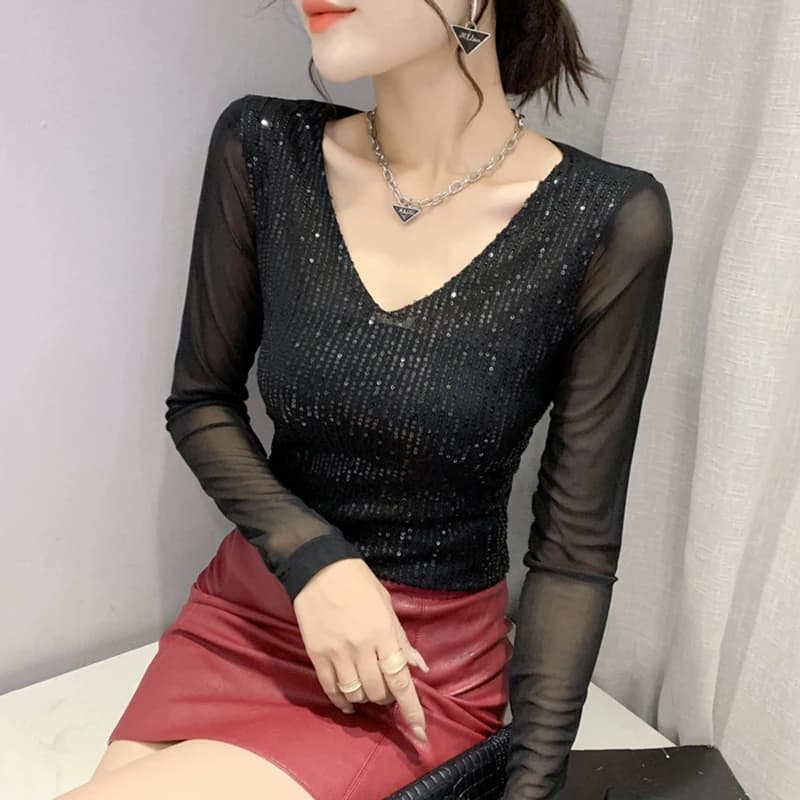 Sexy V-Neck Long Sleeve T-Shirt Women's Mesh Base Shirt Trendy Slimming Versatile Glittering Autumn Winter New Arrival