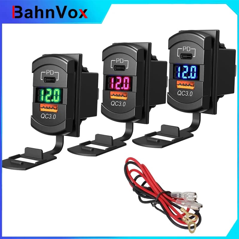 Caricatore per Auto Tipo Rocker 36W PD e USB QC 3.0 con Voltmetro, Ricarica Rapida per Auto, Barche, Camper, Moto, Impermeabile