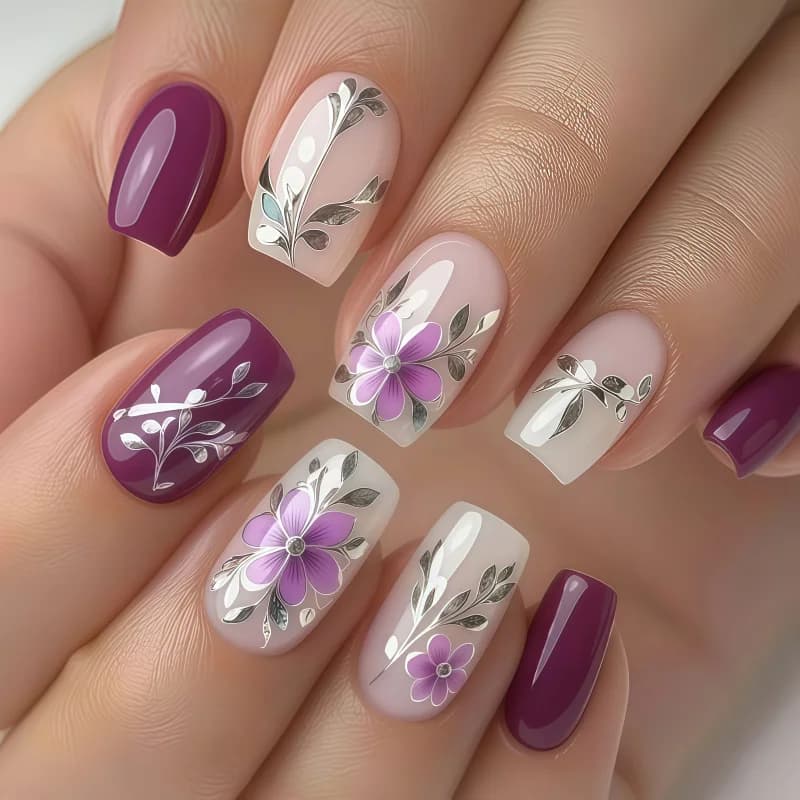 24PCSPurple Press on Nails Medium Fake Nails Spring Flowers False Nails with Silver Leaves Design Summer Artificial Nails Floral