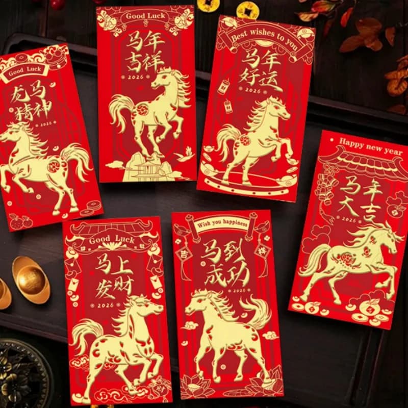 6 pz 2026 Anno del Cavallo Festival di Primavera Buste Rosse Capodanno Lunare Cinese Inglese Pacchetti Ristorante Negozio Pendenti