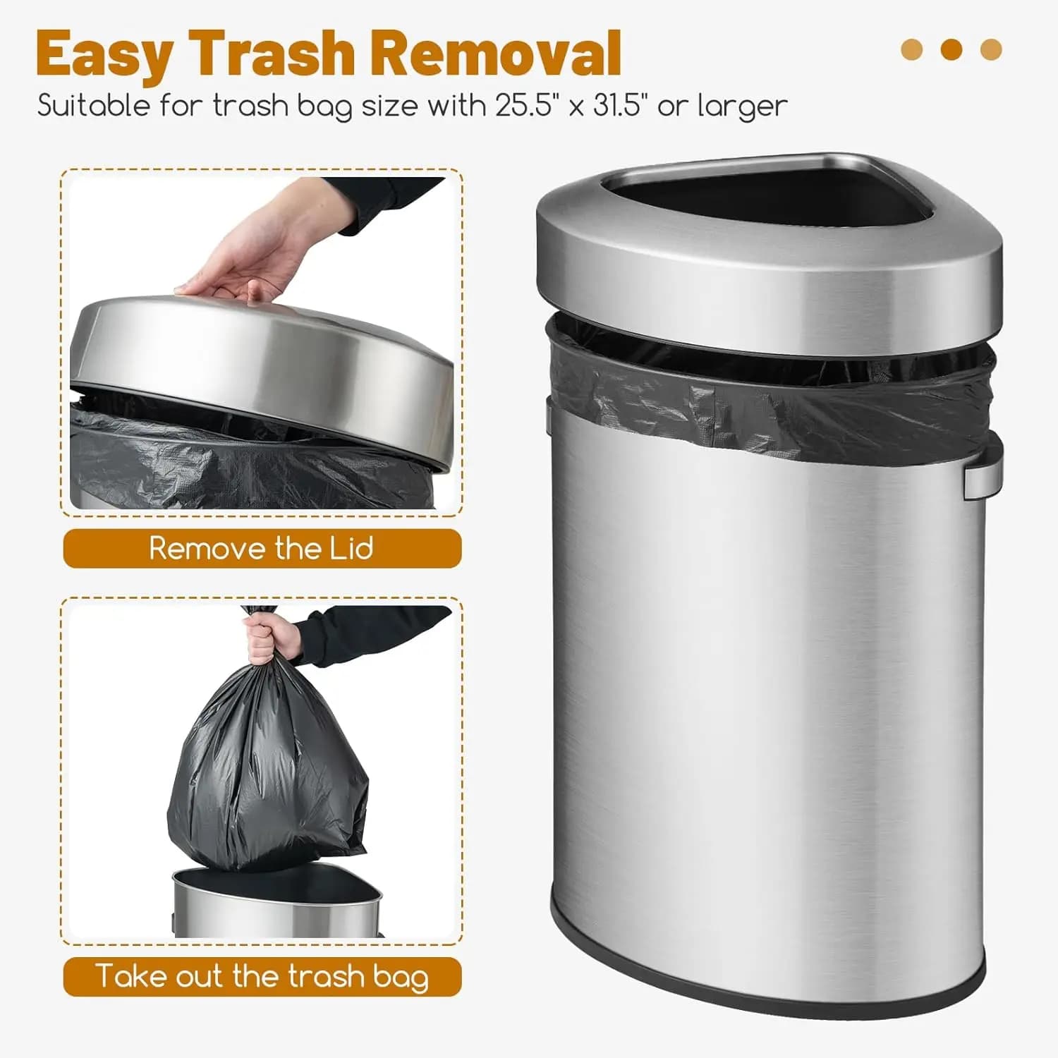 Cestino per Rifiuti Angolare da 60 L (16 Galloni), Bidone della Spazzatura da Cucina, Grande Contenitore Aperto Senza Contatto, Base Antiscivolo, Personalizzabile