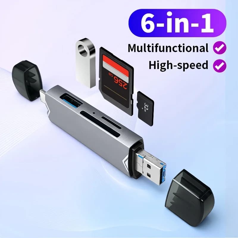 High‑Speed 6‑in‑1 Multifunctional Memory Card Reader, Type‑C USB‑A OTG Adapter for Photography Office Travel