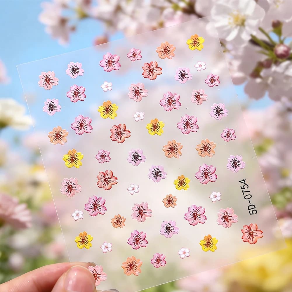 5D Pink Sakura Nail Stickers Kawaii Five Petals Peach Blossom Flower Nail Art Decals Self Adhesive Spring Floral Manicure Slider