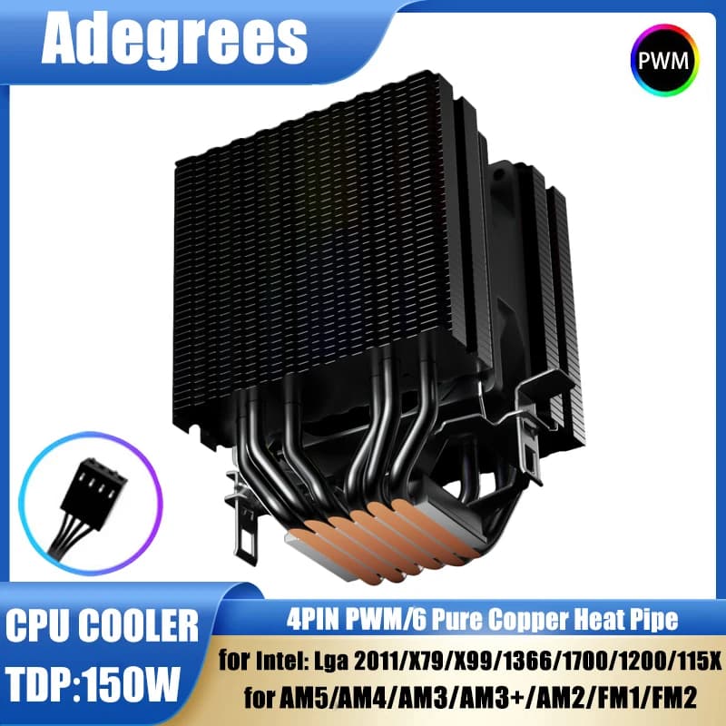 6 tubi di calore CPU dispositivo di raffreddamento dell'aria 4 pin PWM RGB nero ventola di raffreddamento per PC silenziosa Intel LGA 1700 2011 1200 1156 X79 X99 1366 AMD AM4 AM3 AM5