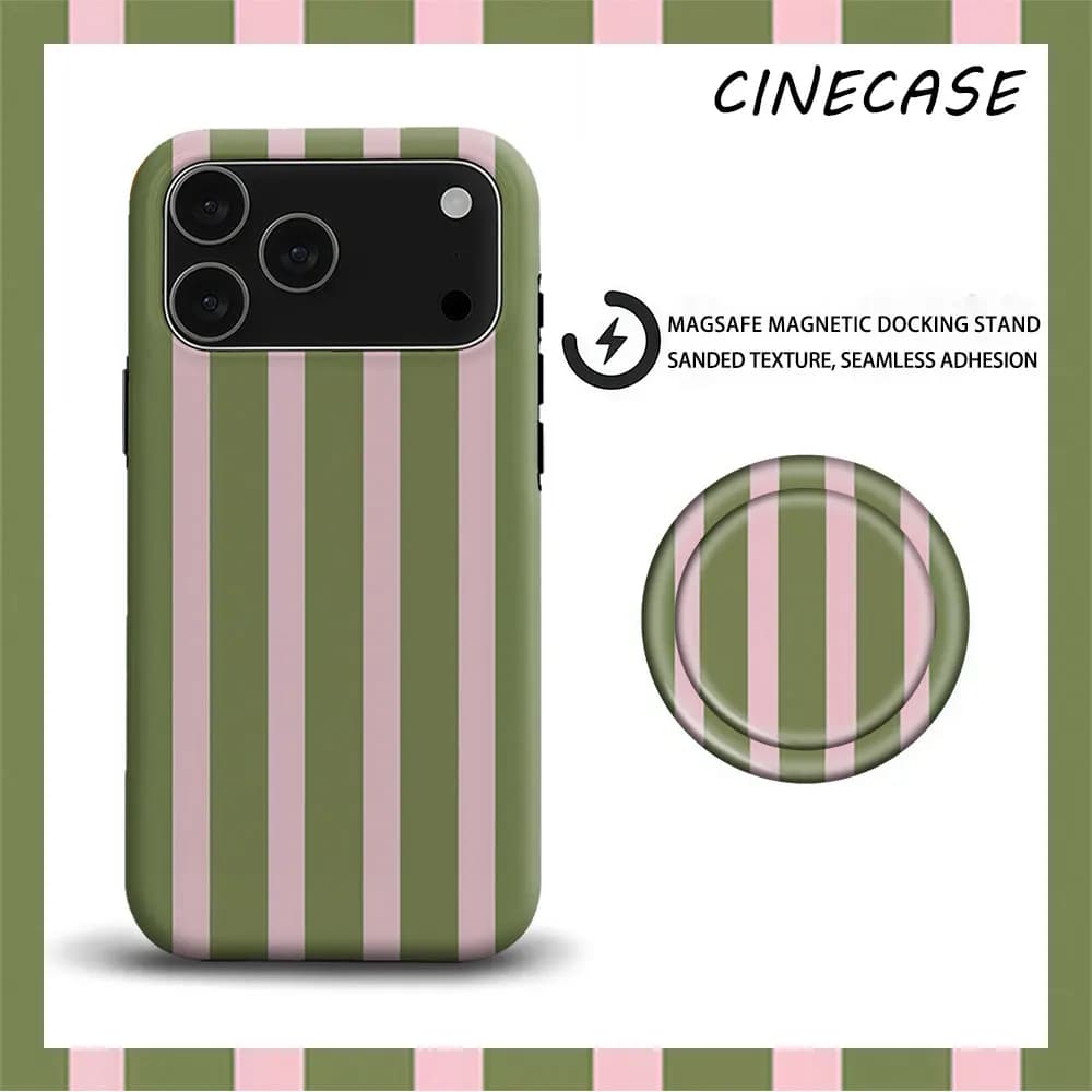 Custodia per telefono Cine Pink & Green Stripe 2-in-1 opaca per MagSafe con PopSocket Grip Bumper abbinato per iPhone 17 16 15 14 13 Pro Max