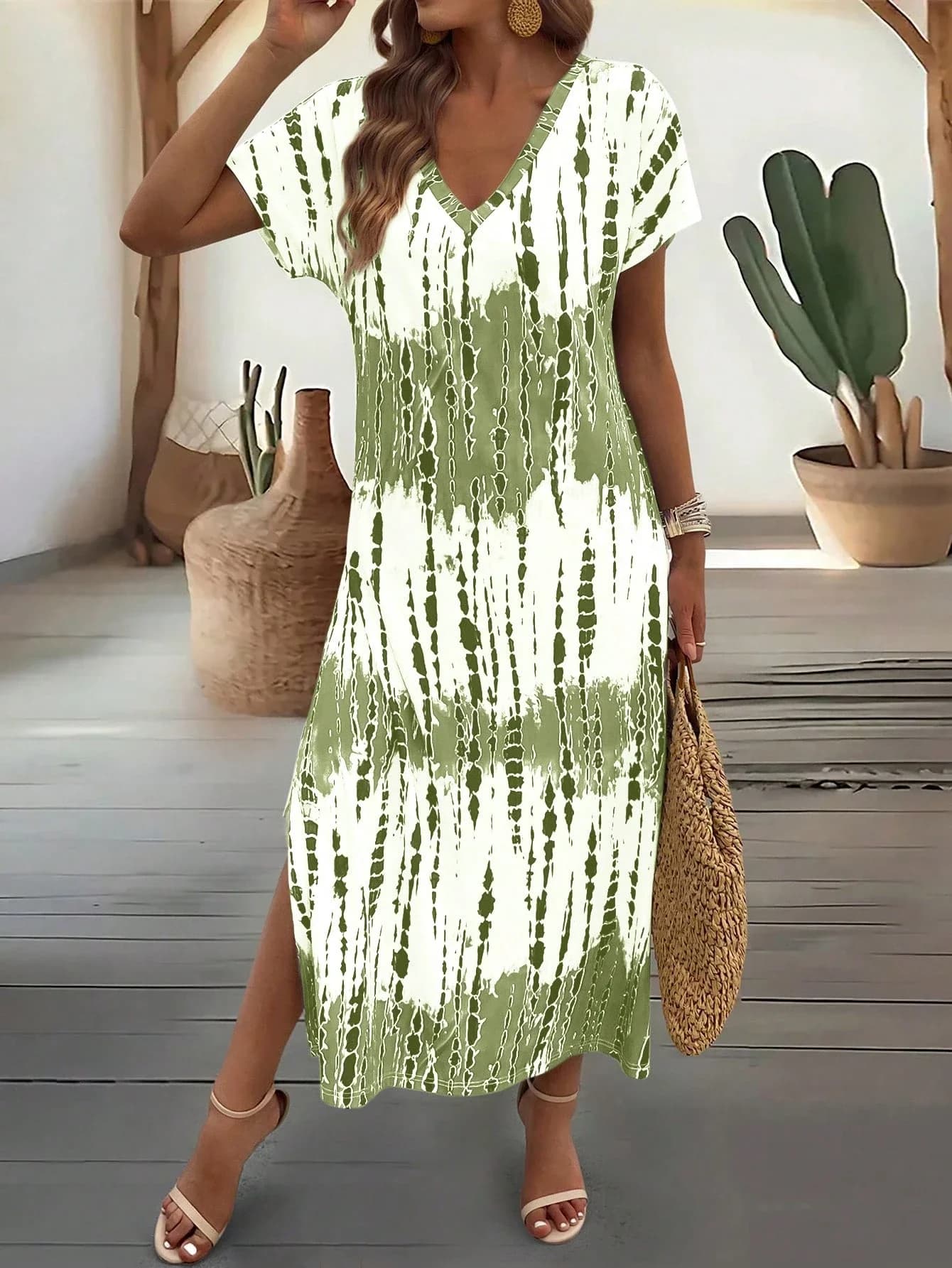 Abito midi estivo da donna casual con scollo a V, maniche corte, stampa tie-dye e spacco