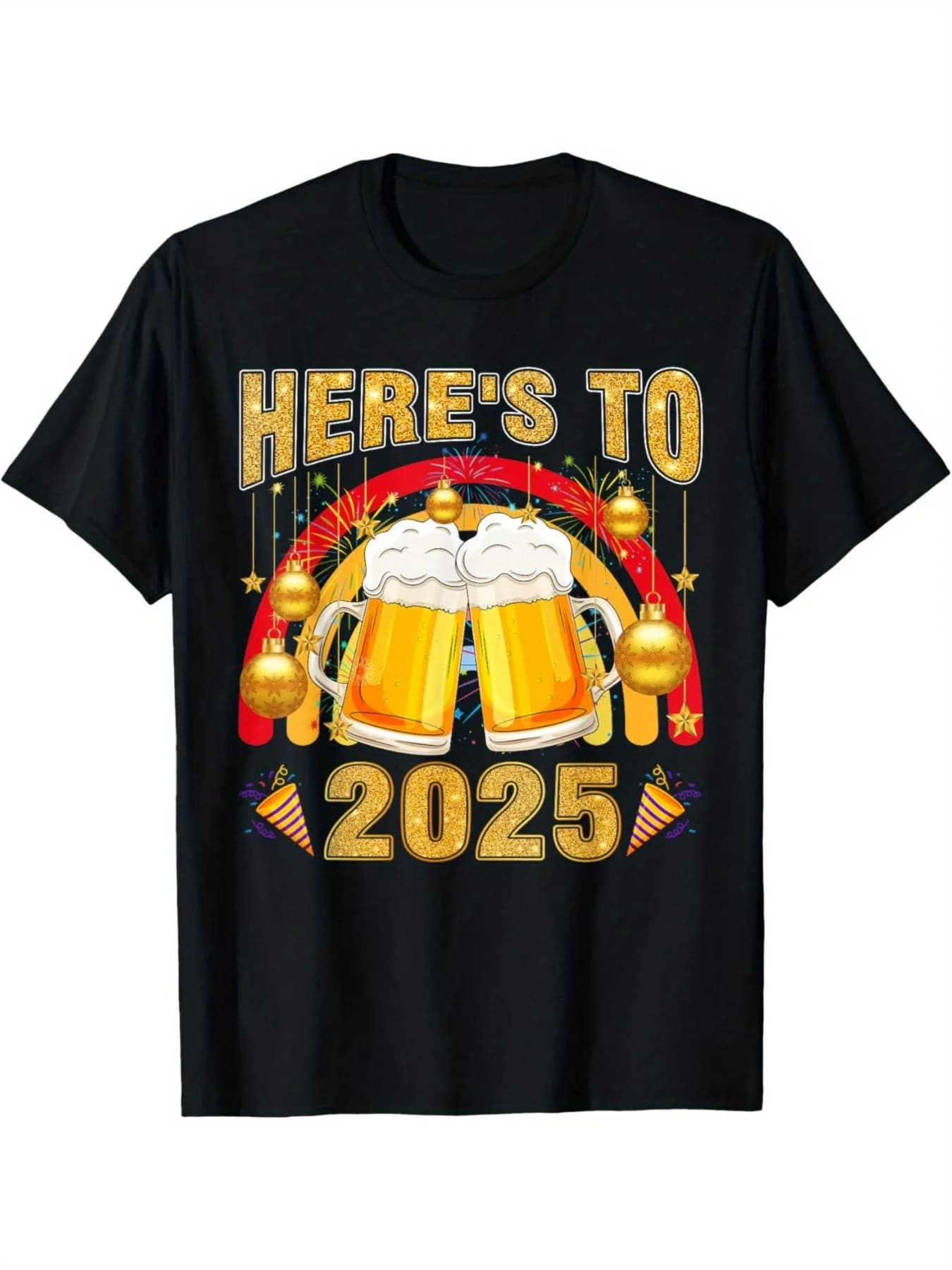 【 Party Ready 】 T-shirt da uomo in cotone nero con design a tazza di birra "2025", con stelle dorate e coriandoli
