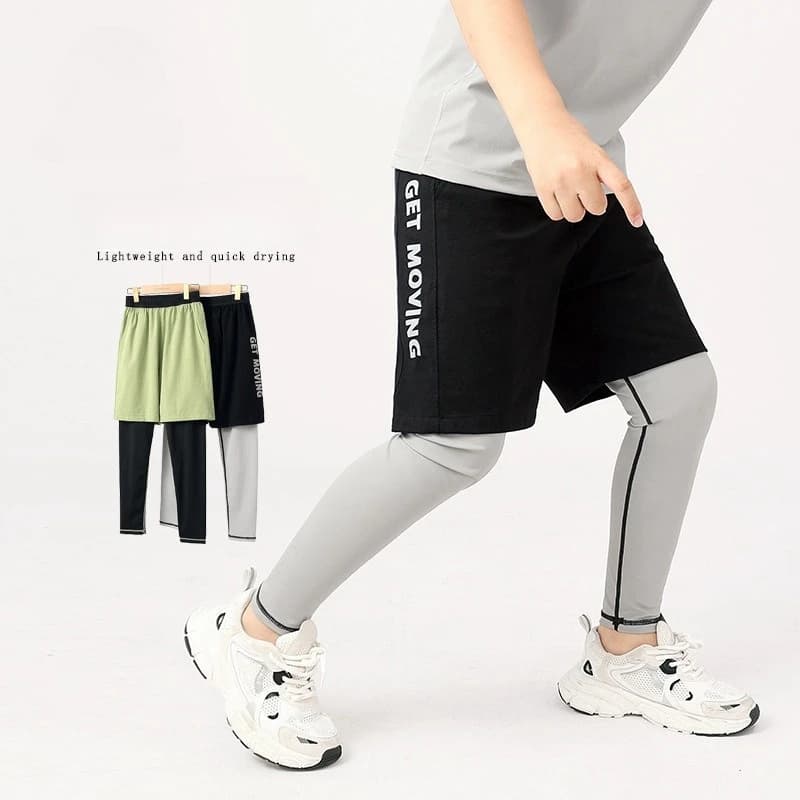 Pantaloncini da basket da ragazzo Leggings 2 in 1 pantaloni da corsa atletici pantaloni finti a due pezzi ad asciugatura rapida pantaloni da allenamento per bambini